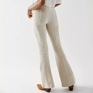 Free People Cream Ribbed Knit Flare Pants
